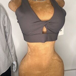 Fabletics Gray Sports Bra with Plunging Neckline and Twist Detail